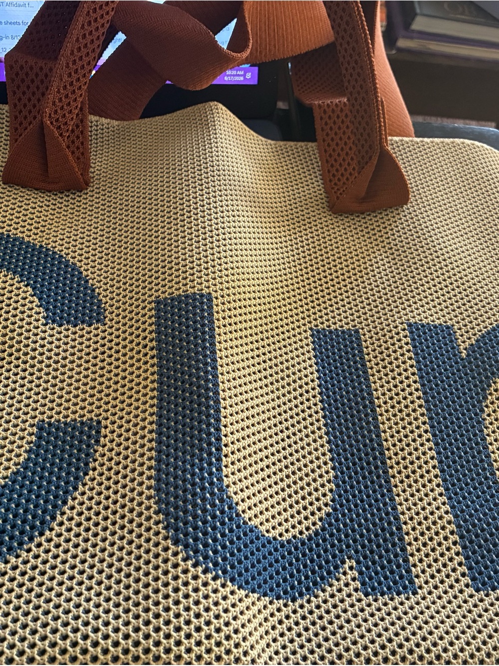 Canvas Mesh Tote with Blue Logo and Brown Handles